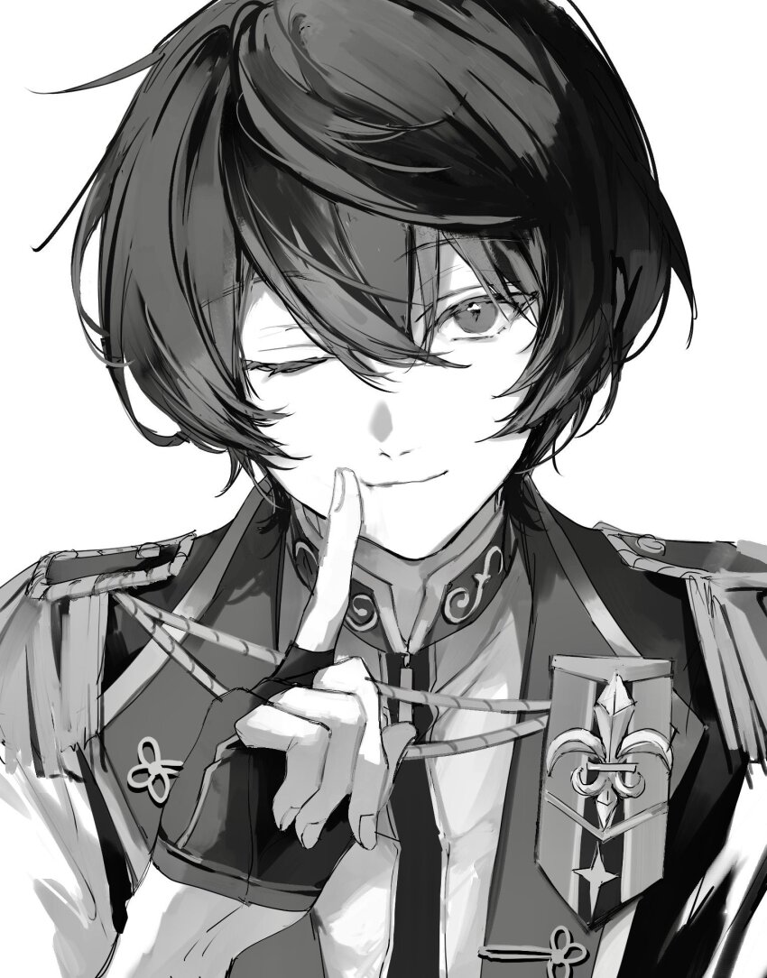 1boy close-up double-parted_bangs ensemble_stars! finger_to_mouth fingerless_gloves gloves greyscale hair_between_eyes head_tilt highres index_finger_raised jacket light_smile looking_at_viewer male_focus monochrome nozz177 one_eye_closed open_clothes open_jacket sakuma_ritsu shirt short_hair simple_background solo