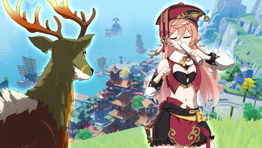 1girl black_shorts blue_sky closed_eyes closed_mouth dancing day deer detached_sleeves genshin_impact hair_between_eyes hat highres lhofi long_sleeves meme moon_carver_(genshin_impact) navel ocean outdoors pink_hair red_hat shikairo_days_dance_(meme) shikanoko_nokonoko_koshitantan ship shorts sky smile town watercraft yanfei_(genshin_impact)