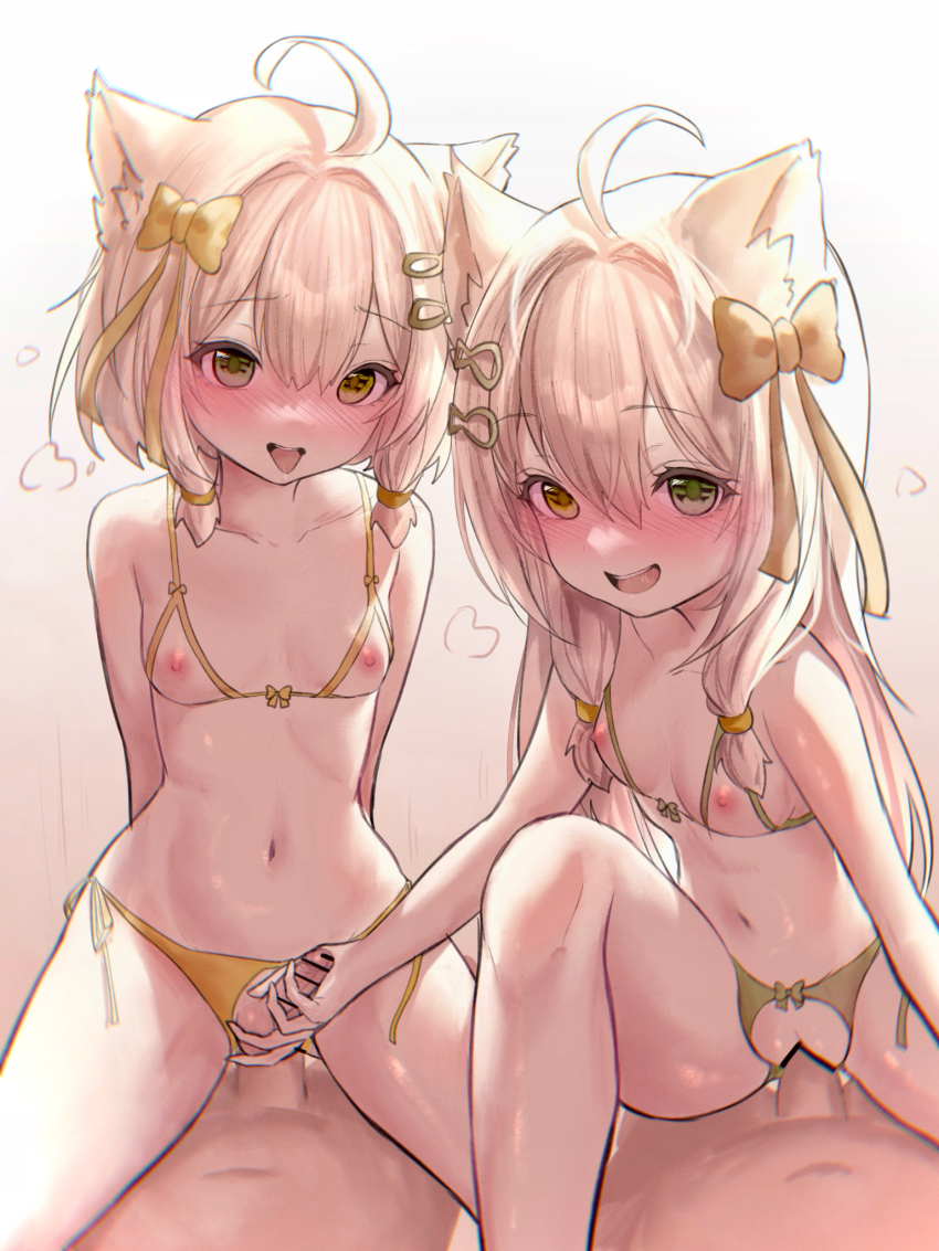 1girl 3boys ahoge anal animal_ear_fluff animal_ears azulasi bar_censor bikini blonde_hair blush borrowed_character bow bow_bikini breasts brown_background cat_ears censored collarbone commentary commentary_request commission cowgirl_position crotchless crotchless_bikini cupless_bikini double-parted_bangs english_commentary full-face_blush gradient_background green_bikini green_eyes hair_between_eyes hair_bow hair_intakes hair_ribbon handjob heterochromia highres kaya_(hazakura_hinata) kurumi_(hazakura_hinata) long_hair looking_at_viewer low_twintails male_with_breasts medium_hair mixed-language_commentary motion_lines multiple_boys navel nipples open_mouth original partial_commentary peanut_mouth penis pixiv_commission ribbon sex siblings side-tie_bikini_bottom sidelocks small_breasts small_penis smile stomach straddling string_bikini swimsuit teeth testicles tongue tongue_out trap twintails upper_teeth_only vaginal white_background yaoi yellow_bikini yellow_bow yellow_eyes yellow_ribbon