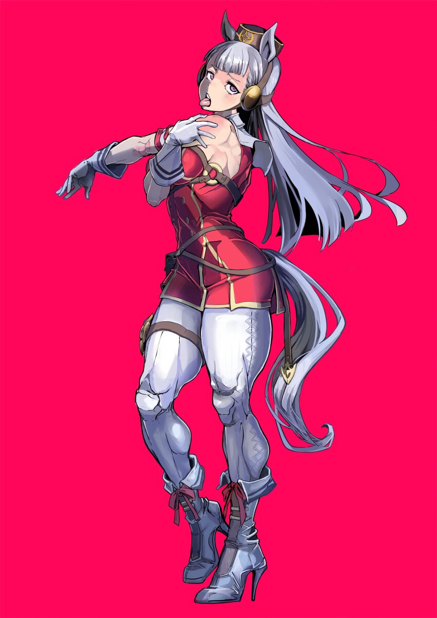 1girl absurdres animal_ears blunt_bangs boots commentary_request dress gold_ship_(umamusume) grey_hair high_heel_boots high_heels highres horse_ears horse_girl horse_tail long_hair muscular muscular_female pantyhose red_dress sleeveless sleeveless_dress solo stretching tail take_nii tongue tongue_out umamusume very_long_hair