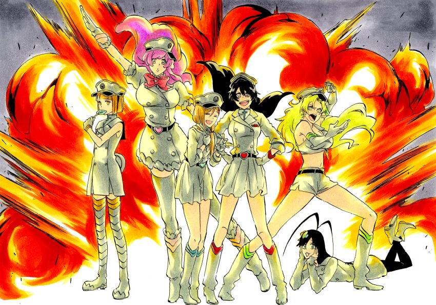 1boy 5girls :d ^_^ aged_up alternate_costume antenna_hair bambietta_basterbine bare_shoulders belt black_belt black_hair black_pantyhose black_thighhighs bleach bleach:_sennen_kessen-hen blonde_hair blue_eyes blunt_bangs blunt_ends bob_cut boots bow bowtie breasts buttons candice_catnipp candy cleavage clenched_hand closed_eyes collared_dress commentary commission crop_top double-breasted dress elbow_gloves english_commentary explosion facing_viewer floating_hair food food-themed_hair_ornament full_body fur-trimmed_gloves fur-trimmed_skirt fur_trim giselle_gewelle gloves green_eyes green_hair grey_eyes hair_ornament hand_up hands_on_own_cheeks hands_on_own_face hands_on_own_hips hat heart_belt highres holding holding_candy holding_food holding_lollipop jacket ken&#039;ichi_(ken1ro_u) kubo_tite_(style) kurosaki_yuzu large_breasts liltotto_lamperd lollipop lollipop_in_mouth long_hair long_sleeves looking_at_viewer lying meninas_mcallon midriff military_hat military_uniform miniskirt multiple_girls navel official_style on_stomach open_mouth outstretched_arm pantyhose peaked_cap pink_eyes pink_hair pleated_skirt red_bow red_bowtie second-party_source short_dress short_hair shorts skeb_commission skirt sleeveless sleeveless_dress sleeves_past_wrists smile smug standing strawberry_hair_ornament teeth the_pose thighhighs trap upper_teeth_only v v-shaped_eyebrows white_boots white_dress white_gloves white_hat white_jacket white_shorts white_skirt wind yellow_eyes zettai_ryouiki