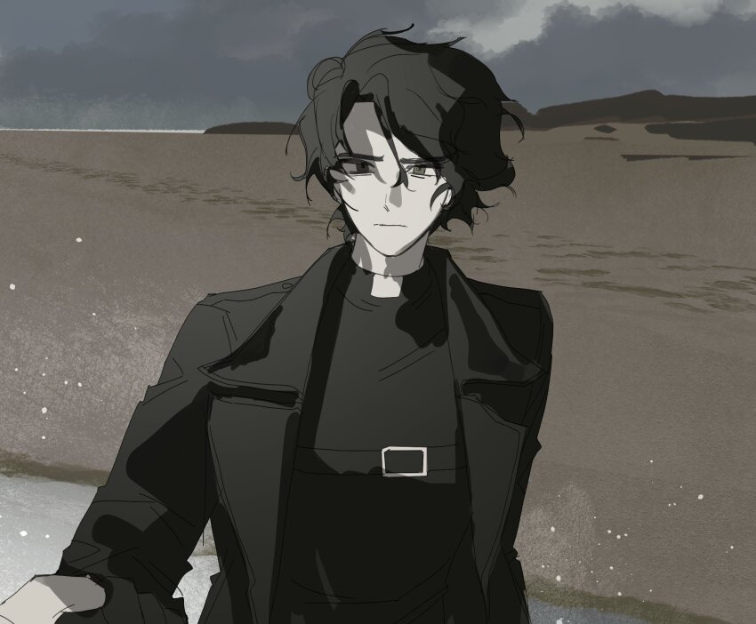 1boy beach black_coat black_eyes black_hair black_shirt cloud cloudy_sky coat expressionless footprints highres looking_at_viewer ma_someru male_focus mountainous_horizon omniscient_reader&#039;s_viewpoint open_clothes open_coat popped_collar sea_spray shirt shore short_hair sidelighting sky upper_body yoo_joonghyuk