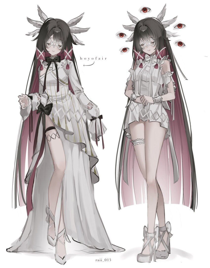 1girl asymmetrical_sleeves black_bow black_bowtie black_hair blunt_bangs blunt_ends blunt_tresses bow bowtie closed_eyes closed_mouth collar colored_inner_hair columbina_(genshin_impact) contrapposto detached_sleeves dress extra_eyes eye_mask footwear_bow frilled_collar frilled_sleeves frilled_thigh_strap frills genshin_impact hair_intakes hair_ribbon hand_up head_wings highleg highleg_leotard highres hime_cut hoyofair leotard long_hair long_sleeves male_underwear multicolored_hair multiple_wings own_hands_together parted_bangs pink_hair raii_0103 ribbon ribbon-trimmed_sleeves ribbon_trim shoes side_slit sleeves_past_fingers sleeves_past_wrists smile standing thigh_strap tress_ribbon underwear variations very_long_hair white_background white_dress white_leotard white_male_underwear white_shoes white_sleeves white_wings white_wrist_cuffs wings wrist_cuffs x-shaped_eyewear