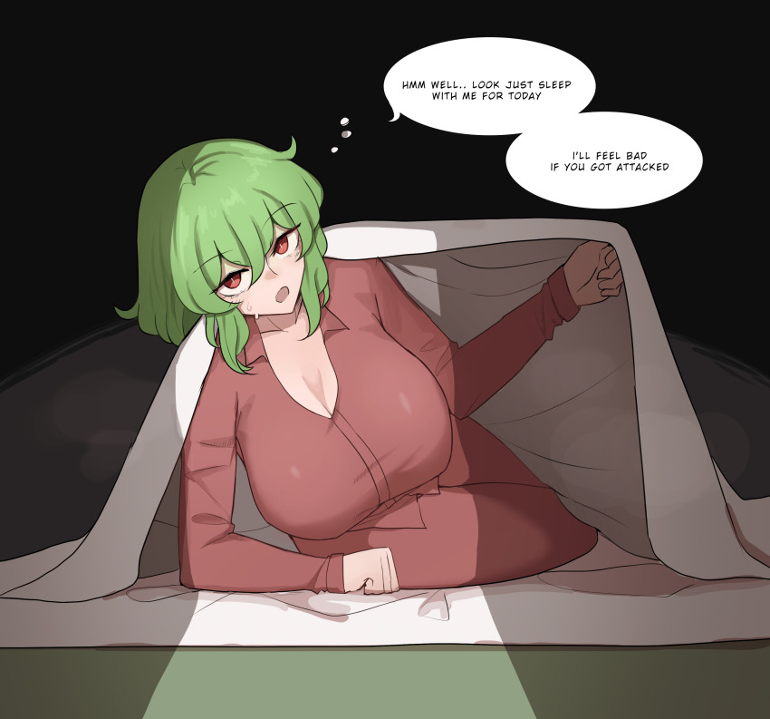 1girl absurdres bed bed_invitation blanket breasts cleavage english_text green_hair hair_between_eyes highres kazami_yuuka large_breasts long_sleeves looking_at_viewer mata_(matasoup) night on_bed open_mouth pajamas red_eyes short_hair simple_background sleepy solo speech_bubble sweatdrop touhou under_covers