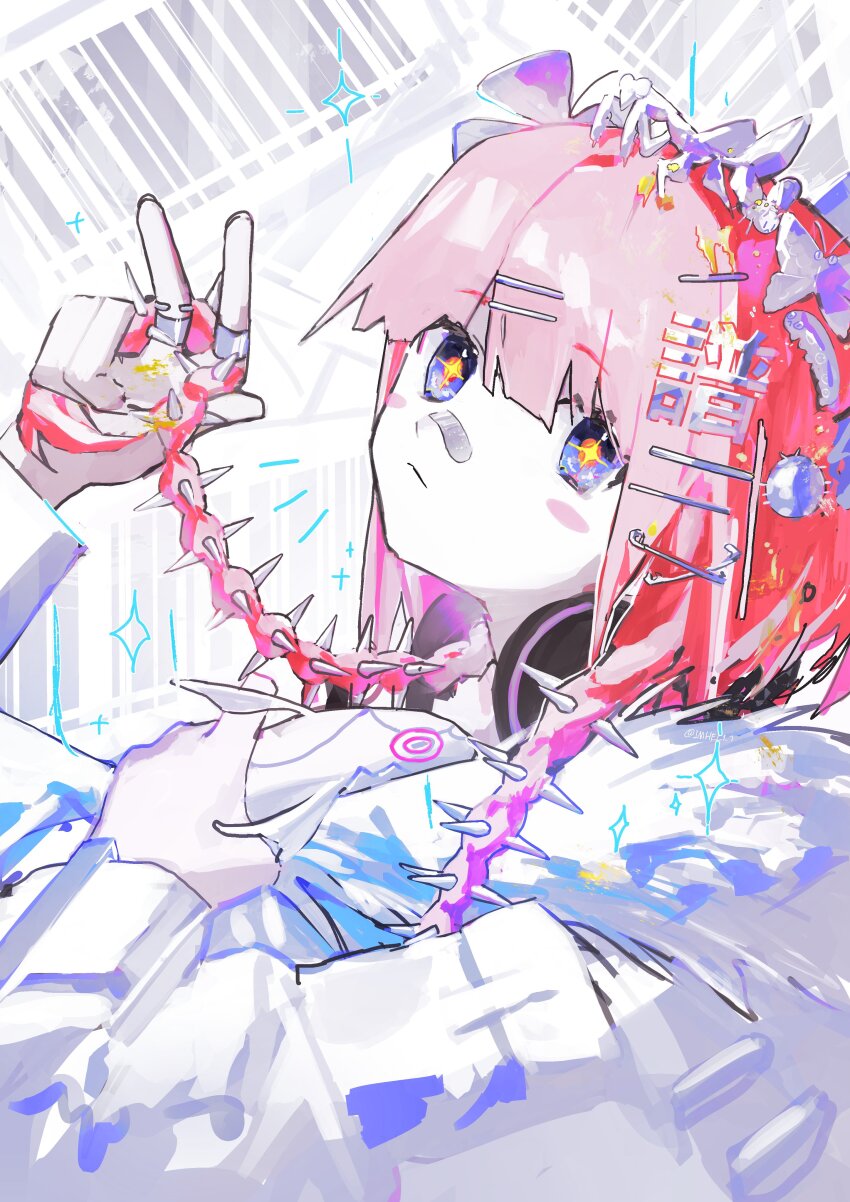 1girl absurdres bandaid bandaid_on_face bandaid_on_nose blue_eyes blunt_bangs blush_stickers braid butterfly_hair_ornament caterpillar closed_mouth commentary_request cross-shaped_pupils decora fur-trimmed_jacket fur_trim grey_background hair_ornament hand_in_own_hair hand_up head_back headphones headphones_around_neck highres holding_statuette imhel1_1 insect_hair_ornament jacket jewelry kaf_(kamitsubaki_studio) kamitsubaki_studio kanji_hair_ornament ladybug_hair_ornament laplace_(kamitsubaki_studio) long_hair looking_at_viewer low_twin_braids multicolored_eyes multiple_rings pale_skin pink_hair praying_mantis red_eyes ring sideways_glance solo sparkle symbol-shaped_pupils too_many_hair_ornaments twin_braids two-tone_background upper_body virtual_youtuber w white_background white_jacket yellow_pupils
