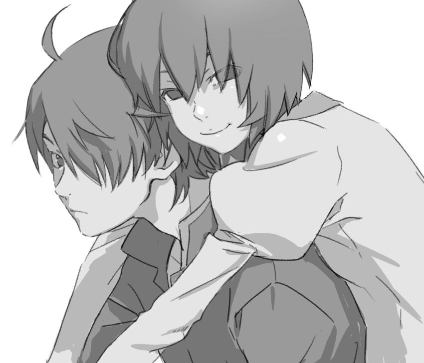1boy 1girl ahoge araragi_koyomi closed_mouth empty_eyes expressionless gakuran greyscale hair_over_one_eye highres iniooooo jacket juliet_sleeves leaning_on_person long_sleeves looking_at_viewer monochrome monogatari_(series) naoetsu_high_school_uniform one_eye_covered oshino_ougi puffy_sleeves school_uniform short_hair simple_background sketch smile upper_body white_background