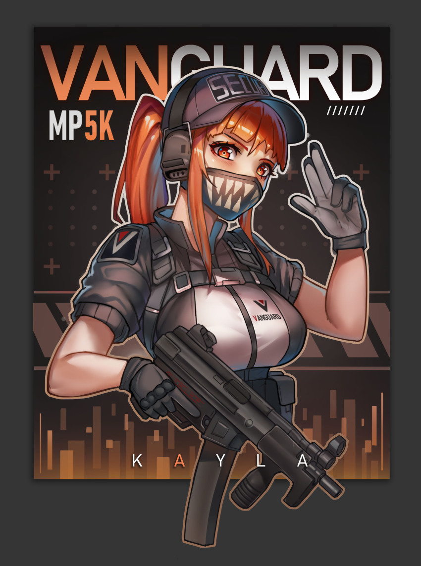 1girl absurdres baseball_cap belt_pouch black_hat black_mask breasts chance8000 chest_harness earmuffs gloves gun h&amp;k_mp5k harness hat highres holding holding_gun holding_weapon long_hair mask mouth_mask orange_eyes orange_hair original ponytail pouch sidelocks submachine_gun trigger_discipline upper_body weapon