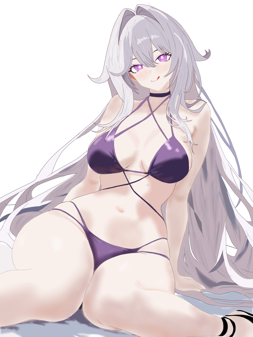 1girl absurdres alternate_costume aquamarine725 bikini black_choker breasts choker commentary_request hair_intakes highres honkai_(series) honkai_impact_3rd large_breasts licking_lips long_hair navel purple_bikini simple_background sitting solo stomach swimsuit thelema_nutriscu thighs tongue tongue_out very_long_hair wariza white_background white_hair