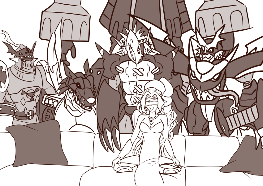 absurdres blacksaintgalgomon blackwargreymon blindfold breasts chaosdukemon digimon digimon_(creature) digital_hazard happy highres imperialdramon imperialdramon_fighter_mode_(black) meme metalgarurumon_(black) smile venusmon