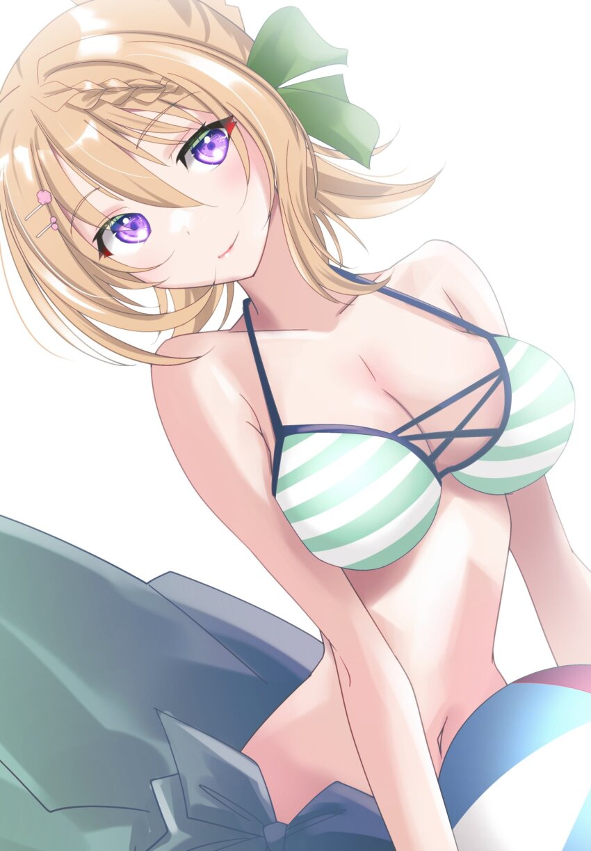 1girl bikini blonde_hair blue_sarong braid braided_bangs braided_bun breasts cleavage commentary_request cross-laced_bikini cross-laced_clothes green_bikini green_sarong hair_bun hair_ribbon highres kantai_collection large_breasts one-hour_drawing_challenge perth_(kancolle) perth_(swimsuit)_(kancolle) purple_eyes ribbon sarong short_hair simple_background solo striped_bikini striped_clothes swimsuit tsukasa_(tukasa_br) upper_body white_background