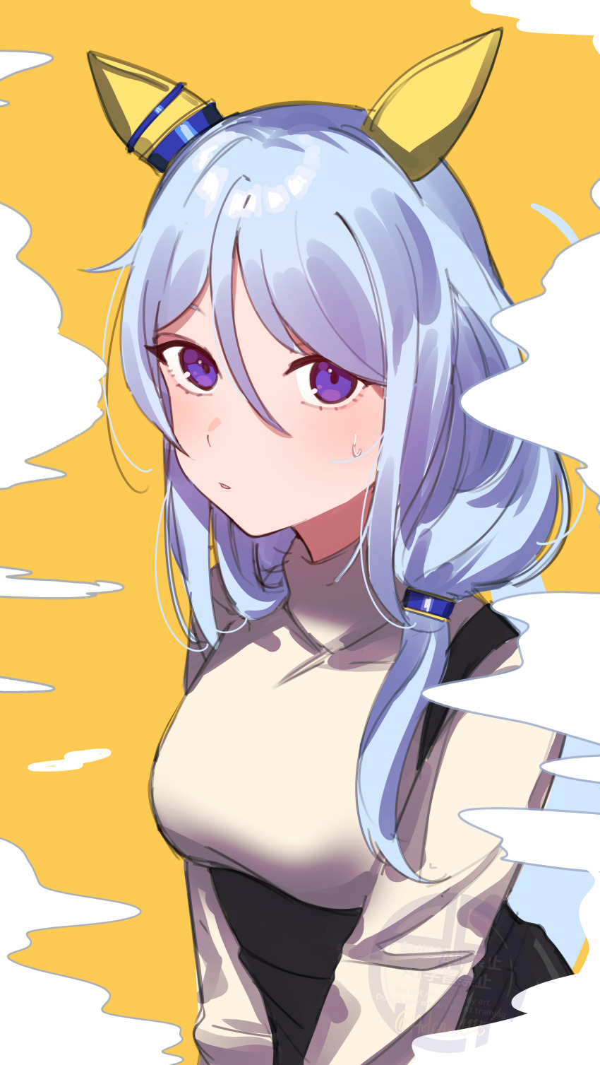 1girl absurdres aged_down animal_ears arlcn_(arlcn_1115) black_skirt blue_eyes blush ear_covers grey_hair hair_between_eyes hair_over_shoulder highres horse_ears horse_girl k.s.miracle_(umamusume) long_hair long_sleeves parted_lips shirt skirt smoke solo sweatdrop turtleneck turtleneck_shirt umamusume yellow_background yellow_shirt