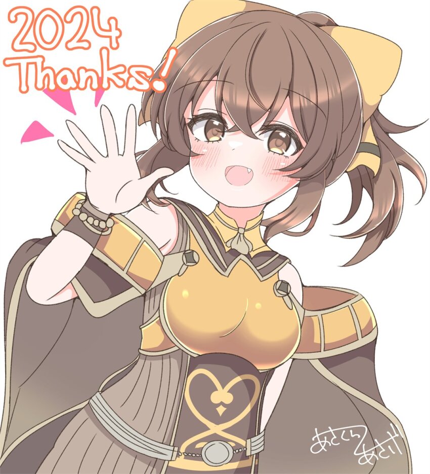 2024 :d asage_(asgsn) bare_shoulders blush bow brown_cape brown_eyes brown_hair cape delthea_(fire_emblem) fang fire_emblem fire_emblem_echoes:_shadows_of_valentia hair_between_eyes hair_bow nintendo open_mouth smile thank_you white_background yellow_bow