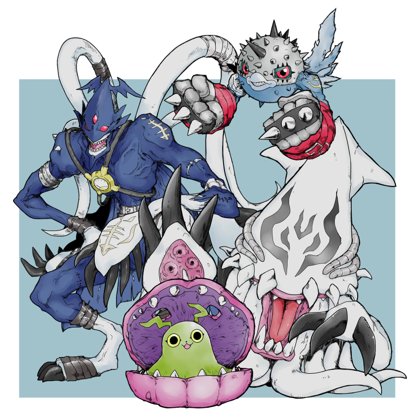absurdres claws digimon digimon_(creature) evolutionary_line gesomon highres looking_at_viewer marindevimon pukumon shakomon tentacles tongue tongue_out