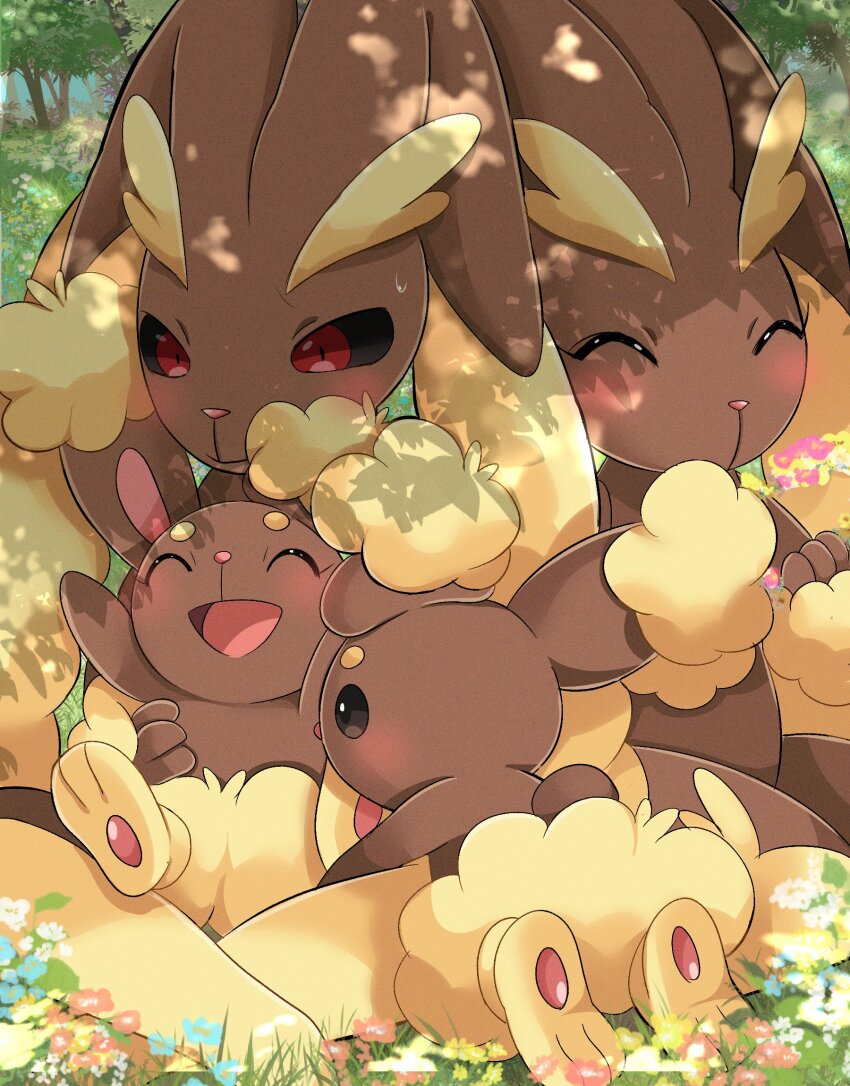 ajiwo blush buneary closed_eyes evolutionary_line flower gen_4_pokemon grass highres lopunny nintendo no_humans open_mouth outdoors pokemon pokemon_(creature) sitting