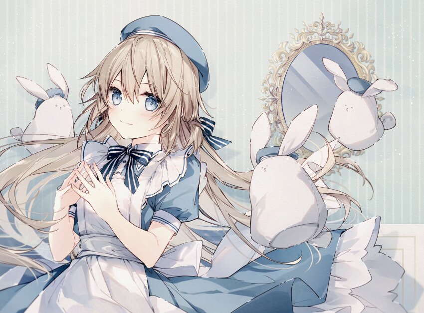 1girl apron beret blue_dress blue_eyes blue_hat blush brown_hair closed_mouth commentary_request dress frilled_apron frills hair_between_eyes hands_up hat highres long_hair looking_at_viewer mirror mochizuki_shiina original puffy_short_sleeves puffy_sleeves short_sleeves smile solo steepled_fingers stuffed_animal stuffed_rabbit stuffed_toy very_long_hair white_apron