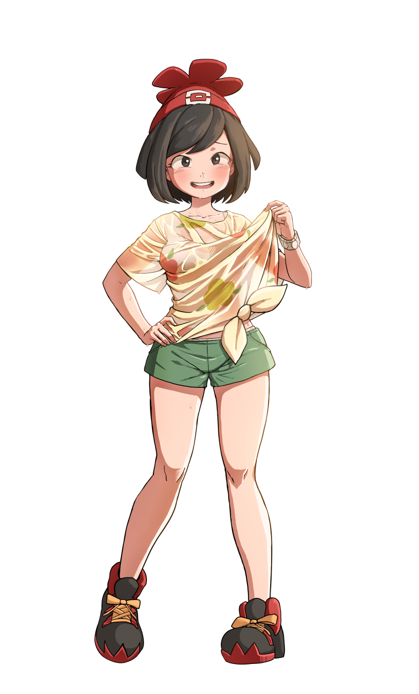1girl absurdres bare_legs beanie blush bracelet commentary full_body green_shorts hat heydove highres jewelry knees nintendo open_mouth pokemon pokemon_sm red_hat selene_(pokemon) shirt shirt_tug shoes short_shorts short_sleeves shorts simple_background smile sneakers solo t-shirt teeth tied_shirt tongue upper_teeth_only white_background z-ring