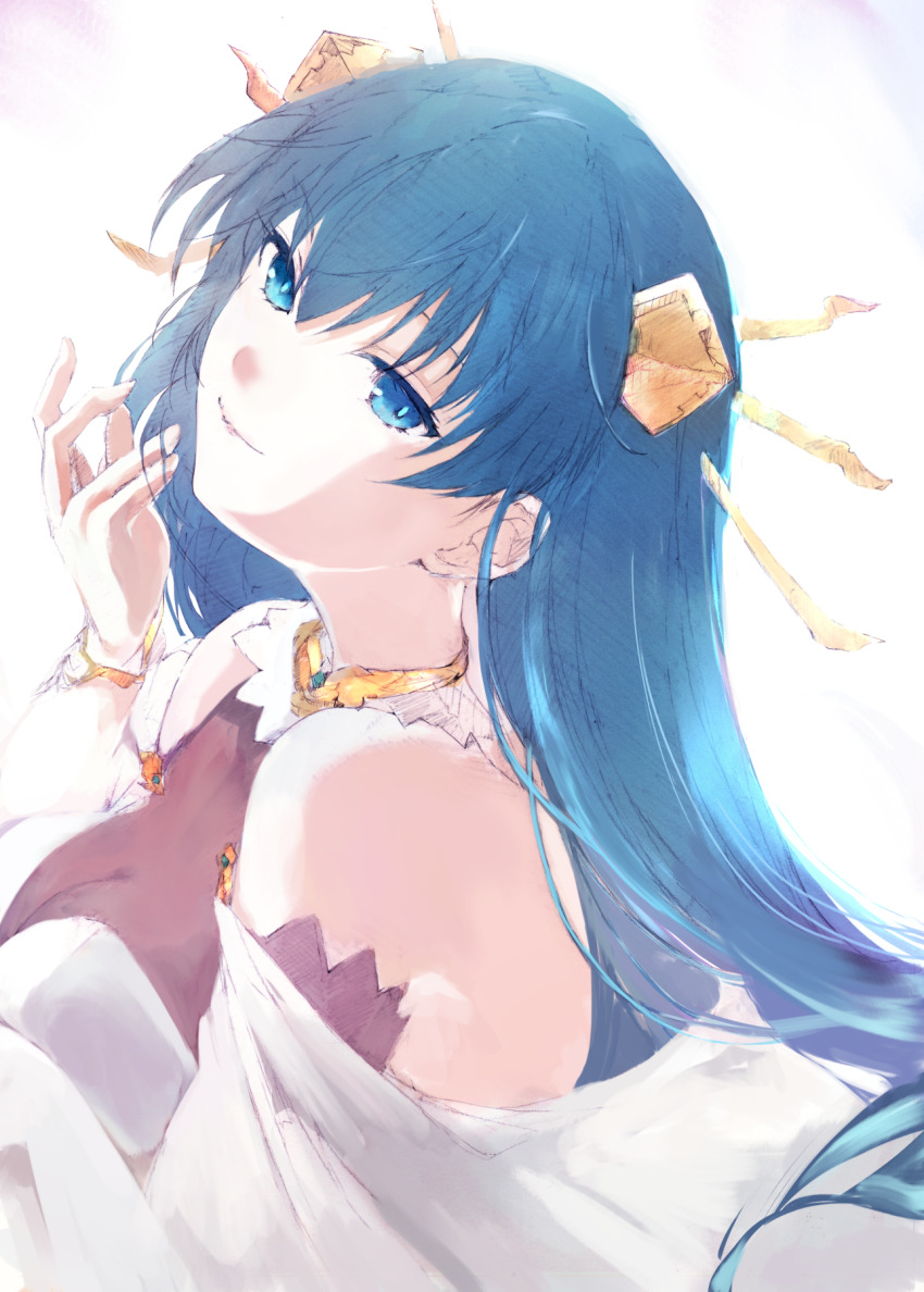 1girl blue_eyes blue_hair hair_ornament hand_on_own_face head_tilt highres lia_parapara_leazas long_hair looking_at_viewer rance_(series) simple_background smile solo tsutsugano white_background