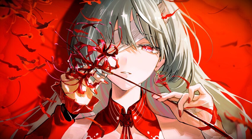 1girl arm_ribbon bandage_over_one_eye bandages bare_shoulders bright_pupils collar commentary detached_collar detached_sleeves earrings flower grey_hair hands_up highres holding holding_flower jewelry long_hair looking_at_viewer nail_polish okoge_(koge_chan) parted_lips phrolova_(wuthering_waves) portrait red_background red_collar red_eyes red_flower red_nails red_petals red_sleeves revision ribbon single_detached_sleeve solo spider_lily teeth white_pupils wuthering_waves