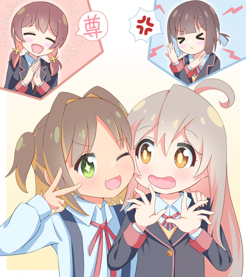 &gt;_&lt; +_+ 4girls ;d ^_^ ahoge anger_vein beenyan_1203 black_jacket blue_hair blunt_bangs blush_stickers brown_eyes brown_hair closed_eyes commentary fang green_eyes hair_between_eyes hair_intakes hand_on_another&#039;s_shoulder highres hozuki_momiji jacket long_hair long_sleeves low_twintails multicolored_hair multiple_girls murosaki_miyo neck_ribbon oka_asahi one_eye_closed onii-chan_wa_oshimai! open_mouth orange_headwear oyama_mahiro parted_bangs pink_hair ponytail red_ribbon ribbon school_uniform shirt short_hair short_ponytail simple_background skin_fang smile spoken_anger_vein steepled_fingers suspenders translated twintails two-tone_hair two_side_up v white_background white_shirt wing_collar x_arms xt