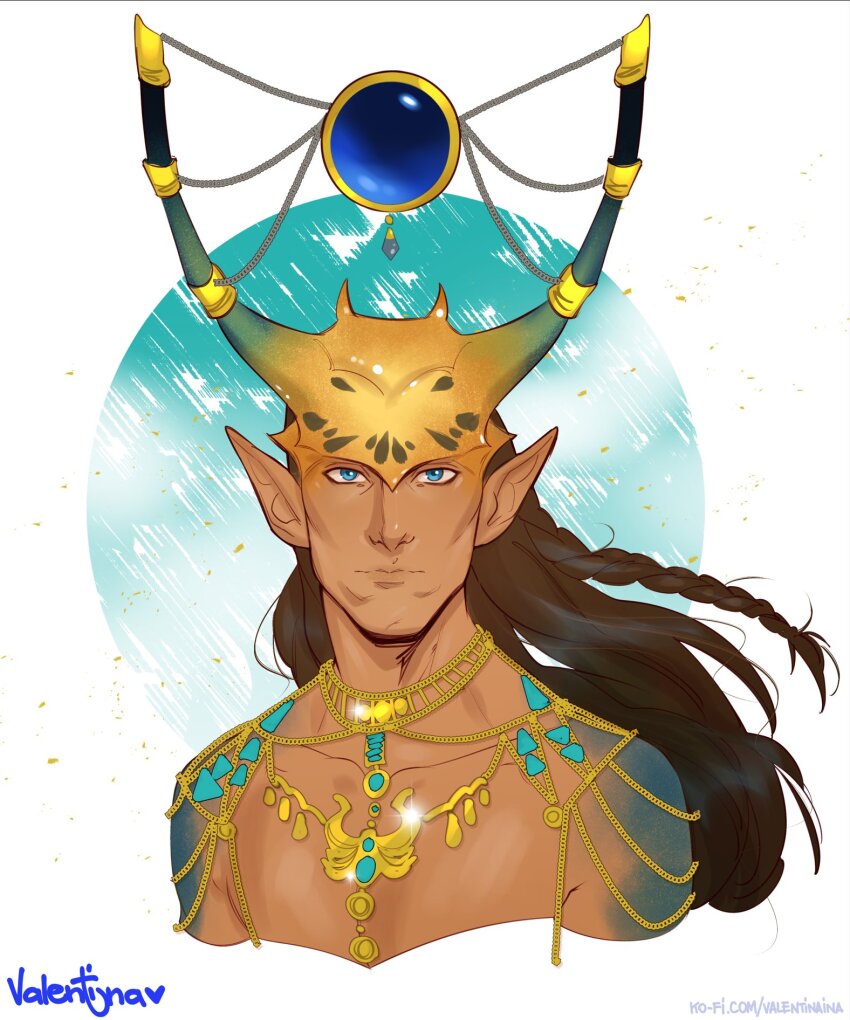 1boy artist_name blue_eyes brown_hair highres horns long_hair looking_at_viewer original pointy_ears portrait signature solo valentina_tavolilla