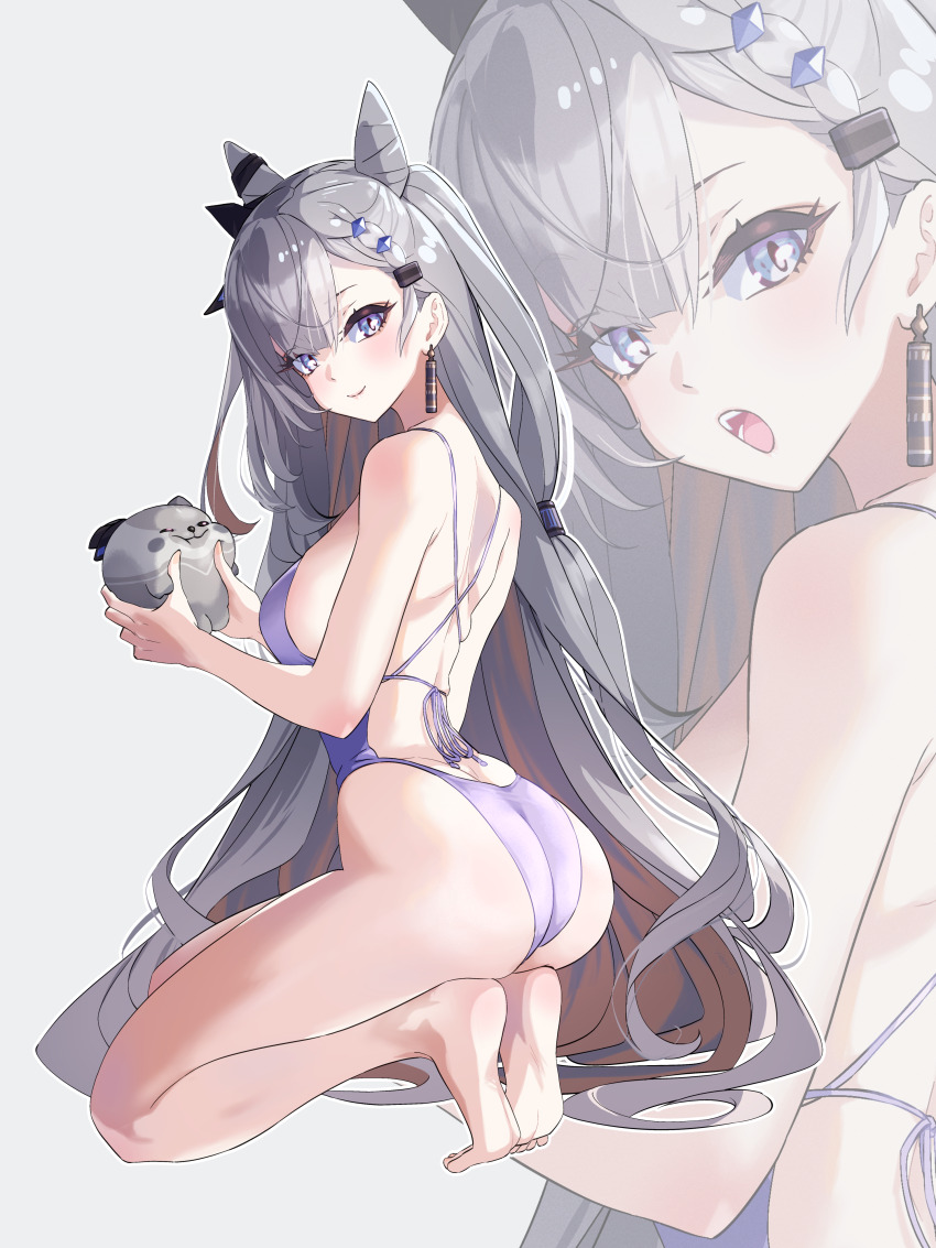 1girl absurdly_long_hair absurdres animal ass barefoot bazo_(vestia_zeta) closed_mouth cone_hair_bun earrings fueppu full_body grey_hair hair_bun highres holding holding_animal hololive hololive_indonesia jewelry kneeling long_hair looking_back multiple_views one-piece_swimsuit open_mouth purple_eyes purple_one-piece_swimsuit single_earring smile swimsuit thighs tiptoes very_long_hair vestia_zeta virtual_youtuber zoom_layer
