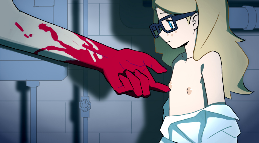 1boy 1girl black-framed_eyewear blonde_hair blood blood_on_hands blue-framed_eyewear blue_eyes closed_mouth flat_chest freckles highres hotelblue industrial_pipe loli long_hair madeline_(hotelblue) nipple_stimulation nipples original shadow shirt shirt_down solo_focus upper_body white_shirt