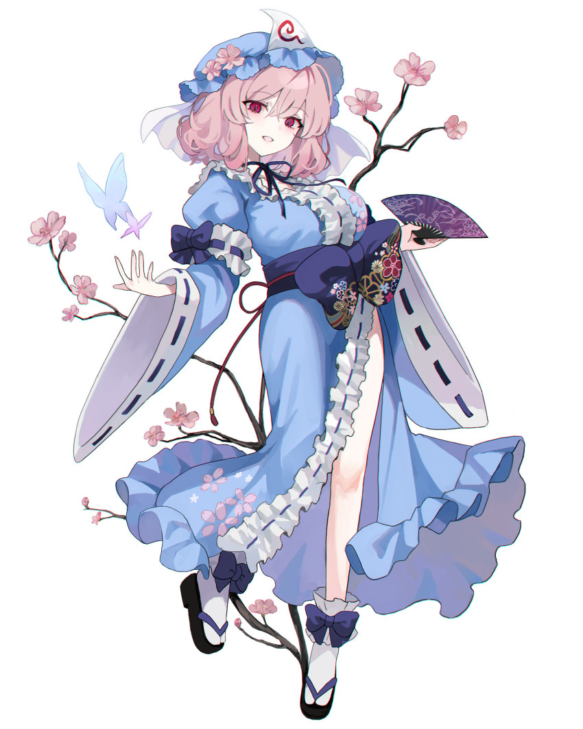 1girl absurdres black_sandals blue_hat blue_kimono blue_ribbon breasts bug butterfly cherry_blossoms commentary_request flower frilled_kimono frills full_body hand_fan hat hat_flower highres holding holding_fan insect japanese_clothes kani_nyan kimono long_sleeves looking_at_viewer mob_cap neck_ribbon obi petal_print pink_eyes pink_flower pink_hair print_kimono ribbon ribbon-trimmed_sleeves ribbon_trim saigyouji_yuyuko sandals sash side_slit simple_background sleeve_garter smile socks solo tachi-e touhou triangular_headpiece white_background white_socks wide_sleeves