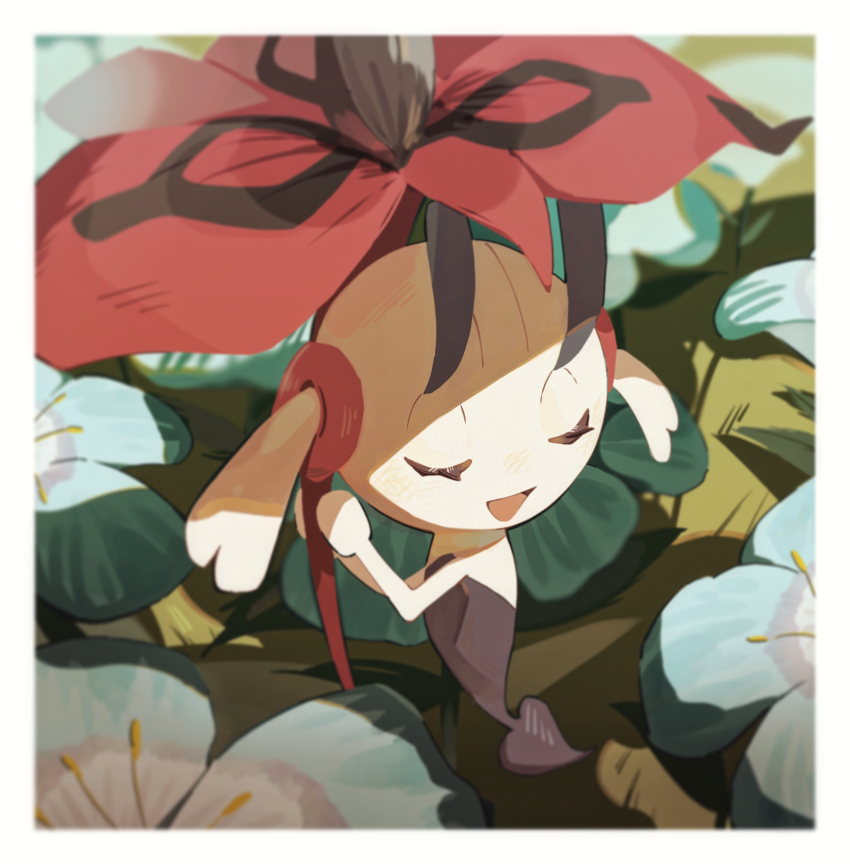 border closed_eyes floating floette floette_(eternal) flower gen_6_pokemon green_flower highres nintendo no_humans open_mouth pokemon pokemon_(creature) pokemon_xy red_flower solo sunlight tuccia white_border