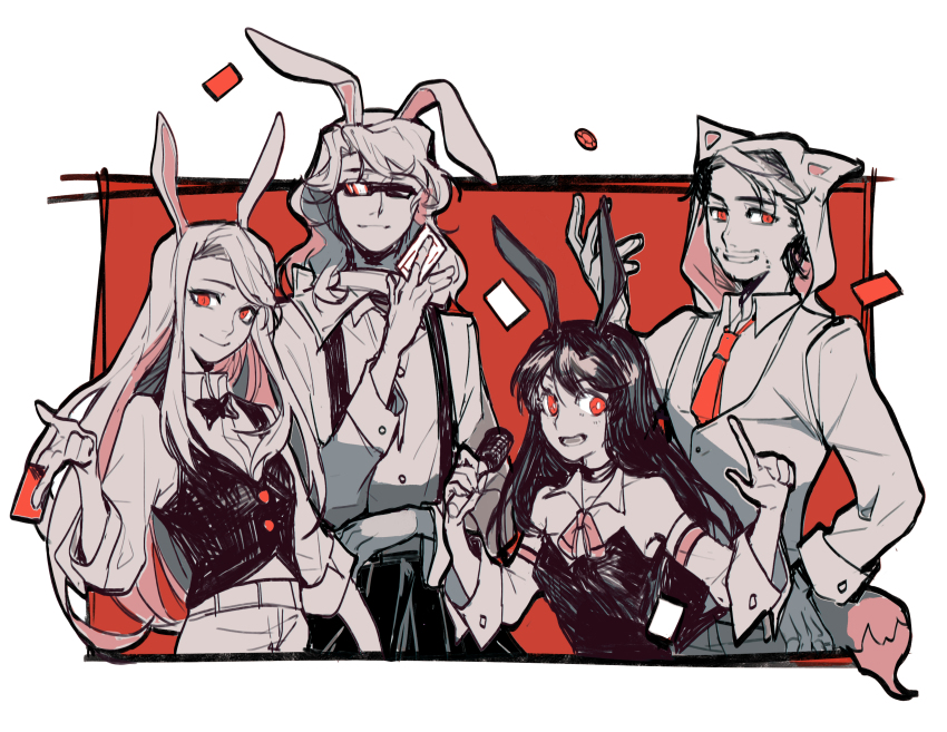 1boy 1other 2girls absurdres alternate_costume androgynous animal_ears animal_hood border bow bowtie card chinese_commentary commentary_request eret_(youtuber) fox_tail highres holding holding_card hood hood_up hoodie long_hair mc_championship minecraft_youtube multiple_girls nihachu playing_card poker_chip rabbit_ears rabbit_girl red_eyes red_theme seapeekay sketch smile spot_color sunglasses suspenders tail tttttaniaaaaa vgumiho white_border