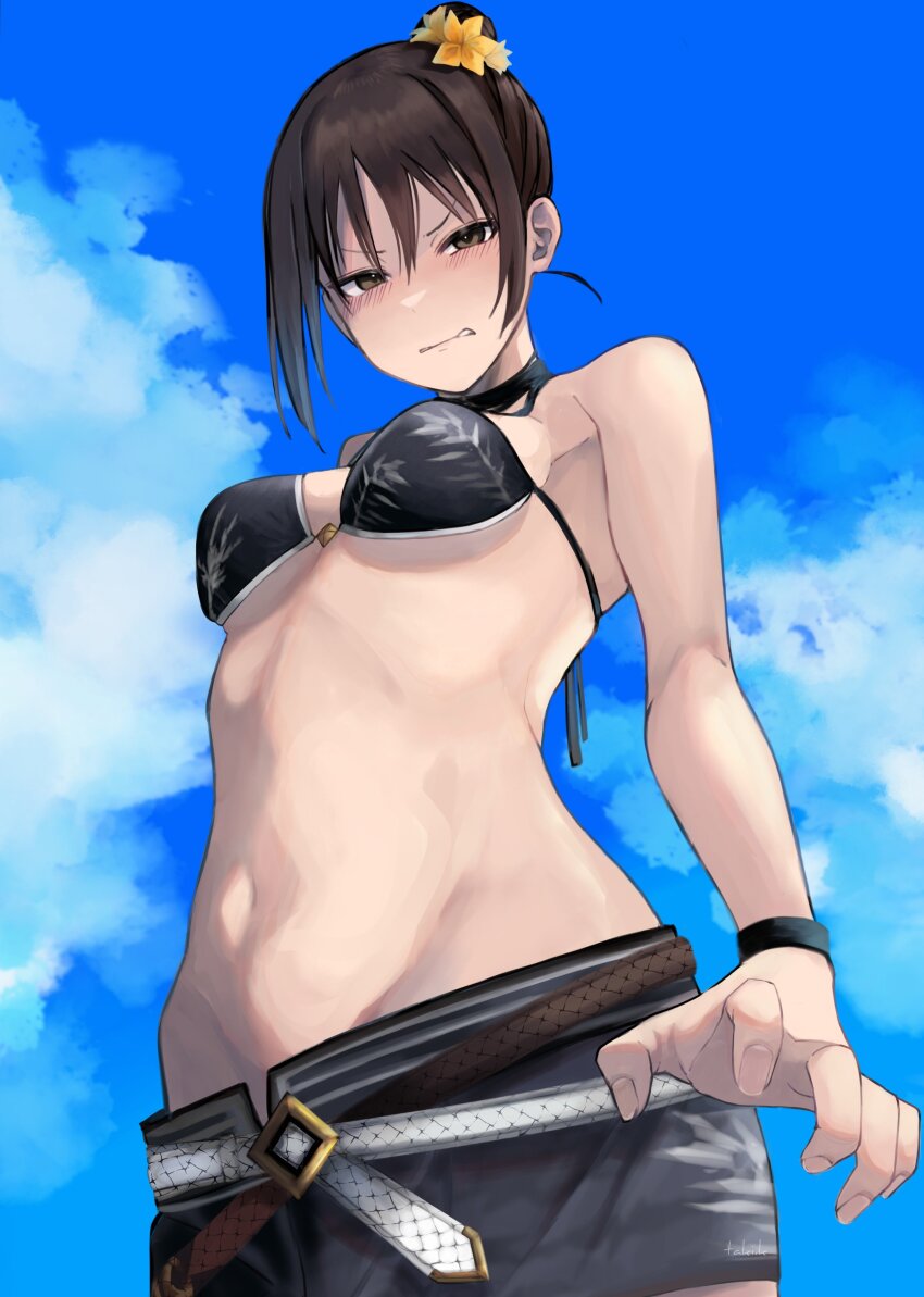 1girl absurdres belt bikini bikini_top_only black_bikini black_choker black_hair blue_sky blush breasts brown_eyes choker cleft_of_venus clenched_teeth cloud flower from_below fullmetal_alchemist hair_between_eyes hair_bun hair_flower hair_ornament highres lan_fan long_hair looking_at_viewer medium_breasts midriff navel shorts shy single_hair_bun sky solo summer swimsuit taki.k teeth underboob upper_body yellow_flower