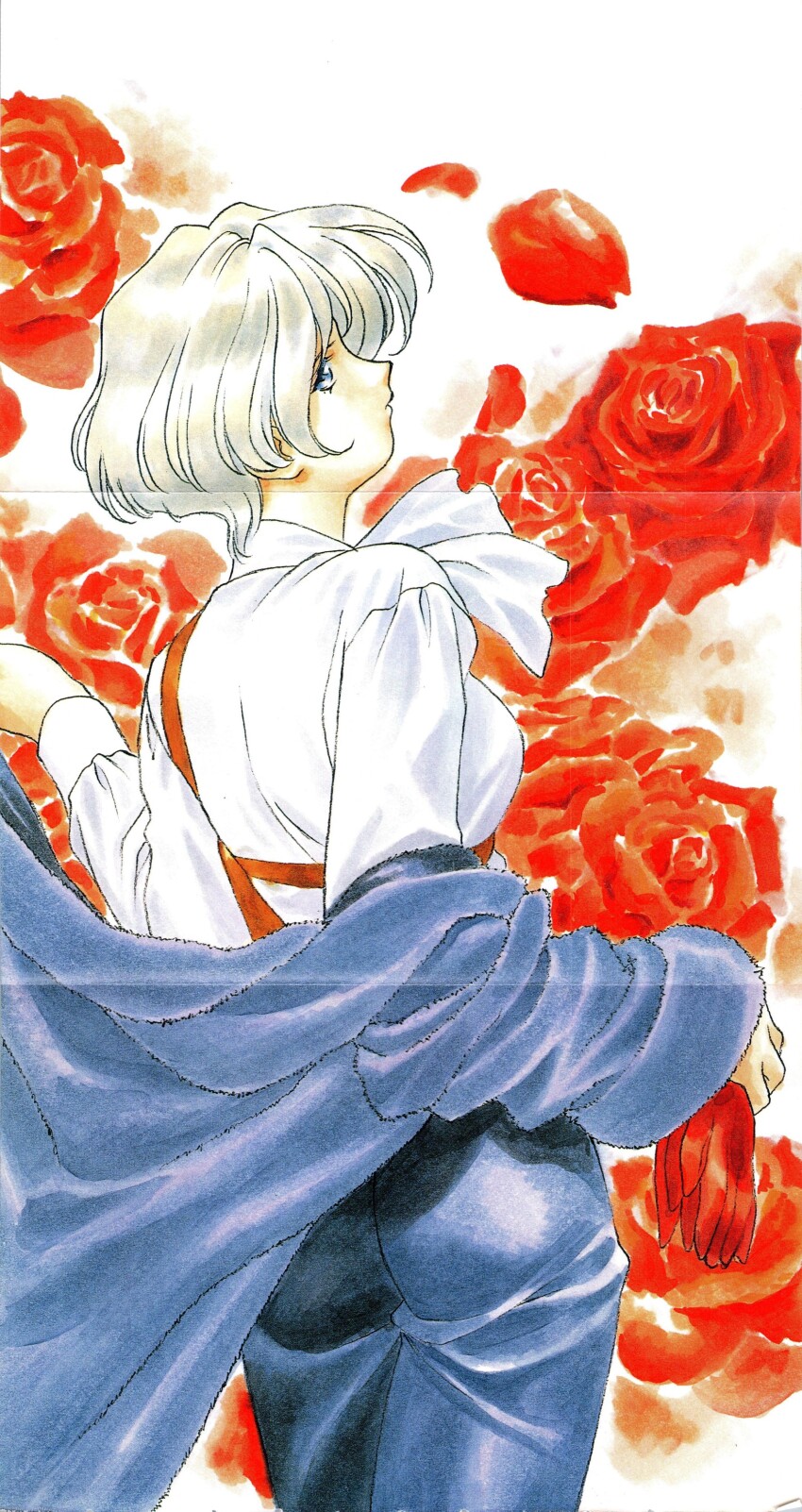 1girl absurdres ascot black_coat black_collar black_sleeves blonde_hair blue_eyes breasts closed_mouth coat collar cowboy_shot crease floral_background flower from_behind fur_collar fur_sleeve_cuffs fur_sleeves gloves head_tilt highres holding holding_gloves holding_unworn_clothes long_sleeves looking_up maria_tachibana matsubara_hidenori medium_breasts official_art petals poster_(medium) profile red_flower red_gloves red_petals red_rose red_straps rose rose_petals sakura_taisen scan scan_artifacts sega shirt simple_background sleeve_cuffs solo strap third-party_source traditional_media unworn_gloves white_ascot white_shirt white_sleeve_cuffs white_sleeves