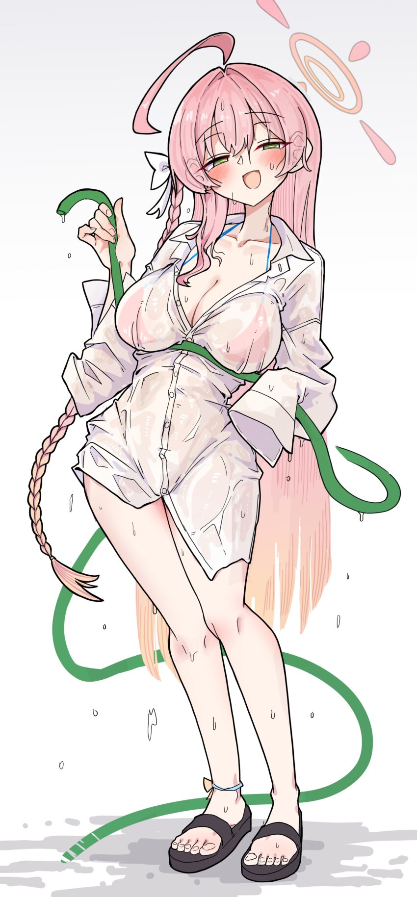 1girl :d absurdres ahoge bikini black_sandals blonde_hair blue_archive blush bottomless braid breasts cleavage collarbone collared_shirt commentary dress_shirt gradient_hair green_eyes half-closed_eyes halo halterneck hanako_(blue_archive) hanako_(swimsuit)_(blue_archive) happy_jolson highres holding holding_hose hose large_breasts long_hair long_shirt long_sleeves looking_at_viewer multicolored_hair open_mouth oversized_clothes oversized_shirt pink_bikini pink_hair pink_halo sandals see-through_clothes see-through_shirt shirt side_braid single_braid single_sleeve_past_fingers smile solo string_bikini swimsuit toes very_long_hair wet wet_clothes wet_shirt