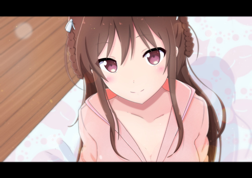 1girl 22/7 bedroom blurry blush bow braid braided_hair_rings brown_hair close-up closed_mouth collarbone depth_of_field from_above furoggu-gaburi hair_bow hair_rings indoors lens_flare letterboxed light_particles long_hair looking_at_viewer pink_shirt purple_eyes shirt smile solo tachikawa_ayaka twin_braids two_side_up white_bow wooden_floor