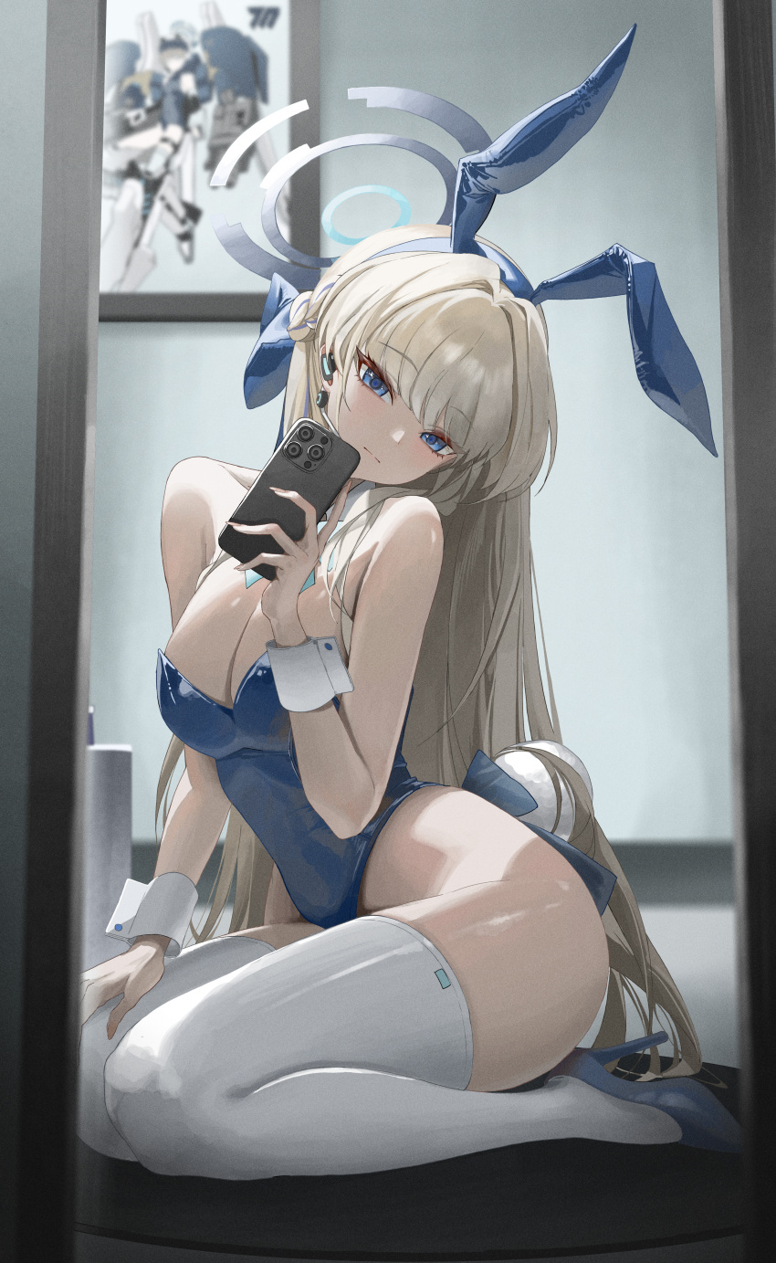 1girl 4meart0112 absurdres animal_ear_hairband animal_ears blonde_hair blue_archive blue_eyes blue_halo blue_leotard breasts cellphone cleavage closed_mouth earpiece fake_animal_ears full-length_mirror hairband halo high_heels highres holding holding_phone kneeling large_breasts leotard long_hair mirror phone playboy_bunny rabbit_ear_hairband rabbit_ears rabbit_tail reflection selfie smartphone solo tail thighhighs thighs toki_(blue_archive) toki_(bunny)_(blue_archive) very_long_hair white_thighhighs wrist_cuffs