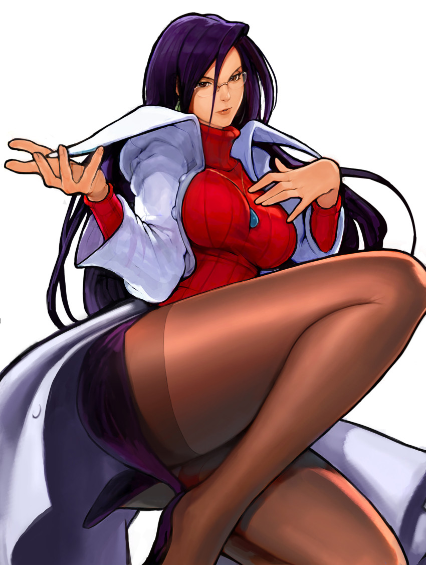 1girl absurdres brown_eyes brown_pantyhose commentary earrings english_commentary glasses highres impossible_clothes jewelry justice_gakuen kim_sung_hwan lab_coat minazuki_kyouko miniskirt necklace pantyhose purple_footwear purple_hair red_sweater ribbed_sweater skirt solo sweater thighband_pantyhose turtleneck turtleneck_sweater