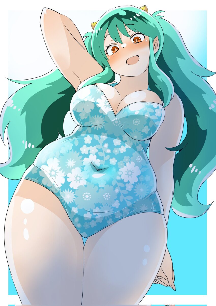 1girl breasts cleavage cone_horns covered_navel floral_print green_hair head_tilt highres horns large_breasts lum orange_eyes plump solo swimsuit thick_thighs thighs toyishiki_shizuoka twintails urusei_yatsura wide_hips