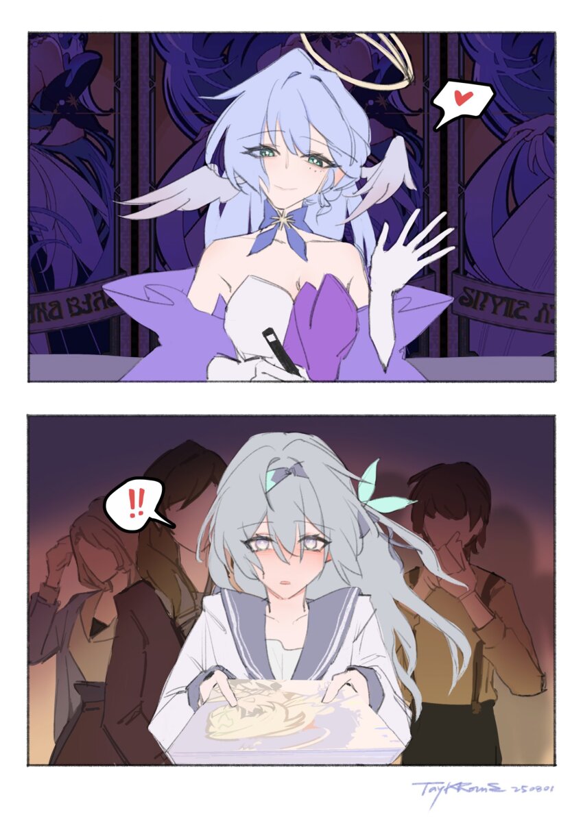 ! !! 1boy 4girls aqua_eyes artist_name black_hairband black_jacket black_pants black_ribbon blonde_hair blue_choker blue_hair blush border breasts brown_hair brown_shirt brown_skirt choker closed_mouth collarbone commentary detached_sleeves dress empty_eyes english_commentary faceless faceless_male feathered_wings firefly_(honkai:_star_rail) firefly_(spring_missive)_(honkai:_star_rail) floating_hair gloves gradient_background grey_hair hair_between_eyes hair_ornament hair_ribbon hairband halo hands_on_own_face hands_up head_wings heart highres holding holding_pen honkai:_star_rail honkai_(series) jacket jewel_under_eye leaf_hair_ornament long_hair long_sleeves looking_at_another medium_breasts multiple_girls official_alternate_costume open_clothes open_jacket open_mouth pants pen pink_background poster_(object) puffy_long_sleeves puffy_sleeves purple_background purple_dress purple_eyes purple_jacket purple_sleeves ribbon robin_(honkai:_star_rail) sailor_collar school_uniform serafuku shadow shirt short_hair short_sleeves skirt sleeveless sleeveless_dress smile speech_bubble spoken_exclamation_mark spoken_heart strapless strapless_dress suspenders taykrome two-tone_dress white_border white_dress white_gloves white_serafuku white_shirt wings yuri