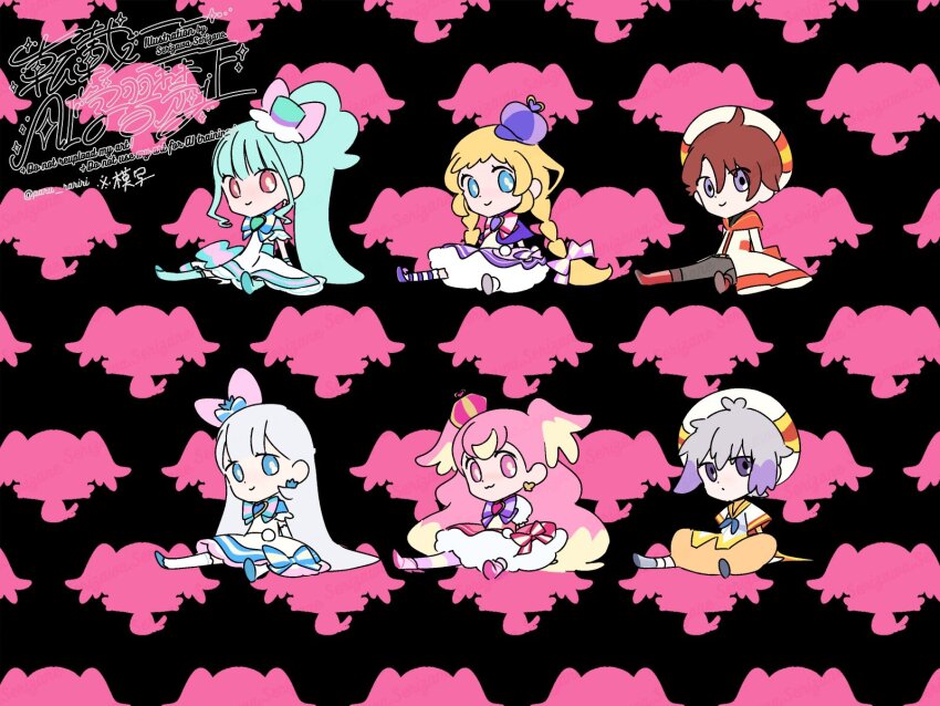 2boys 4girls ahoge animal_background animal_ears aqua_brooch aqua_hair aqua_hat aqua_shoes aqua_theme back_bow baggy_pants belt belt_buckle beret black_background black_belt blonde_hair blue_bow blue_bowtie blue_crown blue_eyes blue_neckerchief blue_shoes blunt_bangs boots bow bow_earrings bow_legwear bowtie braid bright_pupils brooch brown_eyes brown_hair buckle capelet chibi closed_mouth colored_tips crown crown_earrings cure_friendy cure_lillian cure_nyammy cure_wonderful deerstalker dress dress_bow earrings elbow_gloves expressionless extra_ears eyelashes flat_chest flat_color footwear_bow frilled_headwear frilled_sleeves frilled_thigh_strap frills gloves grey_boots grey_hair grey_pants hair_between_eyes hair_bow hair_spread_out happy hat hat_bow hat_ornament heart heart_brooch heart_hat_ornament high_side_ponytail highres inukai_iroha inukai_komugi jewelry knee_boots large_bow long_hair long_sleeves lop_rabbit_ears low_twin_braids magical_boy magical_girl mary_janes medium_dress messy_hair mini_crown mini_hat mini_top_hat multicolored_hair multiple_boys multiple_girls neckerchief nekoyashiki_mayu nekoyashiki_yuki orange_bow orange_pants orange_sailor_collar pants parody parody_request pink_bow pink_bowtie pink_brooch pink_crown pink_dress pink_hair pink_shoes pink_thighhighs pocket precure puffy_short_sleeves puffy_sleeves purple_bow purple_bowtie purple_brooch purple_capelet purple_dress purple_eyes purple_hat purple_shoes purple_thighhighs rabbit_ears red_boots robe sailor_collar serizawa_serizane shoes short_dress short_sleeves single_stripe sitting smile smooooch straight_hair streaked_hair striped_bow striped_bowtie striped_clothes striped_thighhighs thigh_strap thighhighs top_hat toyama_daifuku toyama_satoru twin_braids two-tone_hair two-tone_thighhighs two_side_up very_long_hair white_bow white_dress white_gloves white_hat white_pupils white_robe white_sleeves white_thighhighs wonderful_precure! yellow_sailor_collar