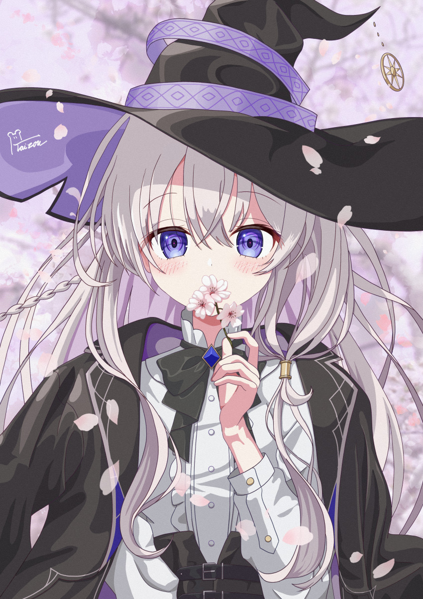 1girl absurdres blurry blurry_background bow bowtie cherry_blossoms covered_mouth elaina_(majo_no_tabitabi) flower flower_over_mouth grey_hair hat highres holding holding_flower jacket jacket_on_shoulders large_hat long_hair long_sleeves looking_at_viewer majo_no_tabitabi petals purple_eyes ribbon signature taizou witch witch_hat