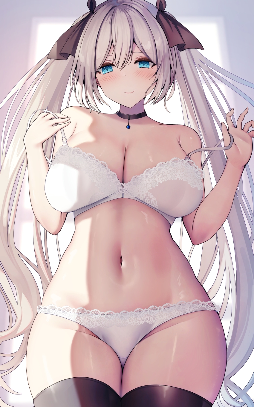 1girl absurdres black_choker black_thighhighs blue_eyes blush bra breasts choker cleavage closed_mouth commentary_request cowboy_shot grey_hair hair_between_eyes hair_ribbon highres large_breasts liya long_hair looking_at_viewer navel original panties ribbon sidelocks smile solo standing thighhighs thighs twintails underwear white_bra white_panties wide_hips window