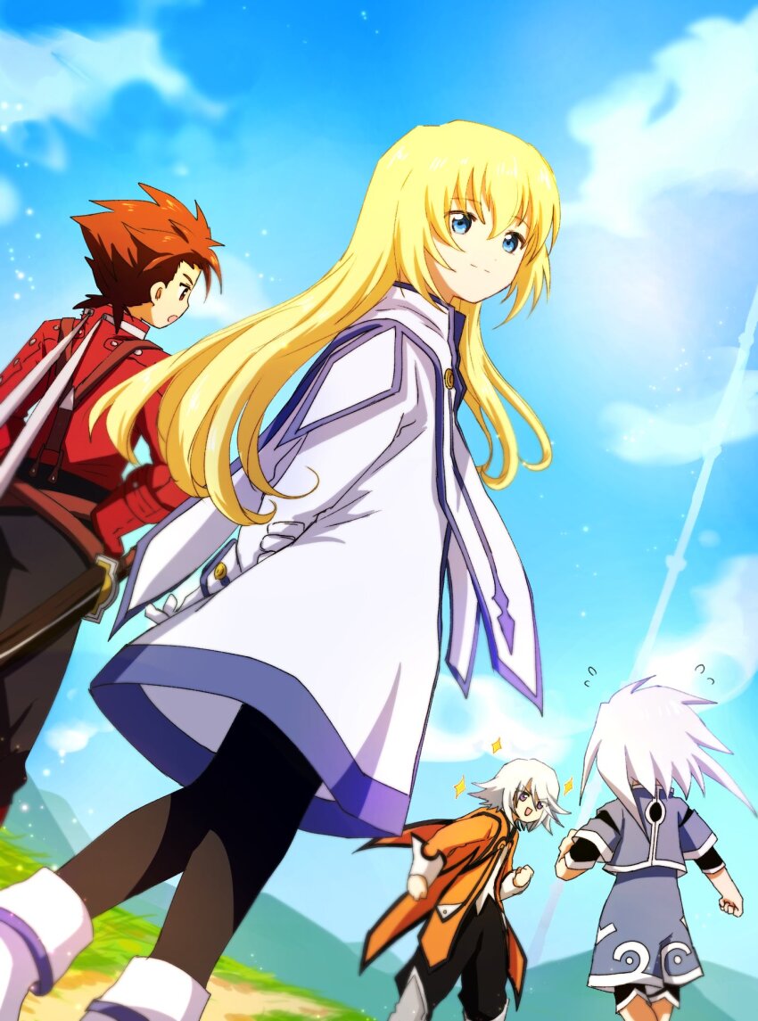 black_leggings black_pants black_undershirt blonde_hair blue_eyes blue_jacket blue_shorts blue_sky boots brown_eyes brown_hair cloud coat colette_brunel dress field genius_sage gloves highres hzk882 jacket leggings lloyd_irving long_bangs long_sleeves looking_back orange_coat pants pantyhose raine_sage red_gloves red_shirt shirt short_hair shorts sky suspenders tales_of_(series) tales_of_symphonia undershirt white_boots white_dress white_gloves white_hair white_jacket