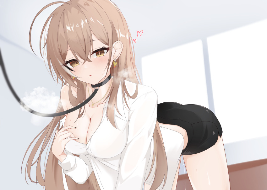 1girl ahoge all_fours ass black_choker black_nails black_shorts breasts breath brown_hair choker collarbone earrings highres hololive hololive_english jewelry leash long_hair looking_at_viewer medium_breasts multicolored_hair nanashi_mumei narukahana parted_lips pussy_juice revision short_shorts shorts single_bare_shoulder solo streaked_hair sweat very_long_hair viewer_holding_leash virtual_youtuber