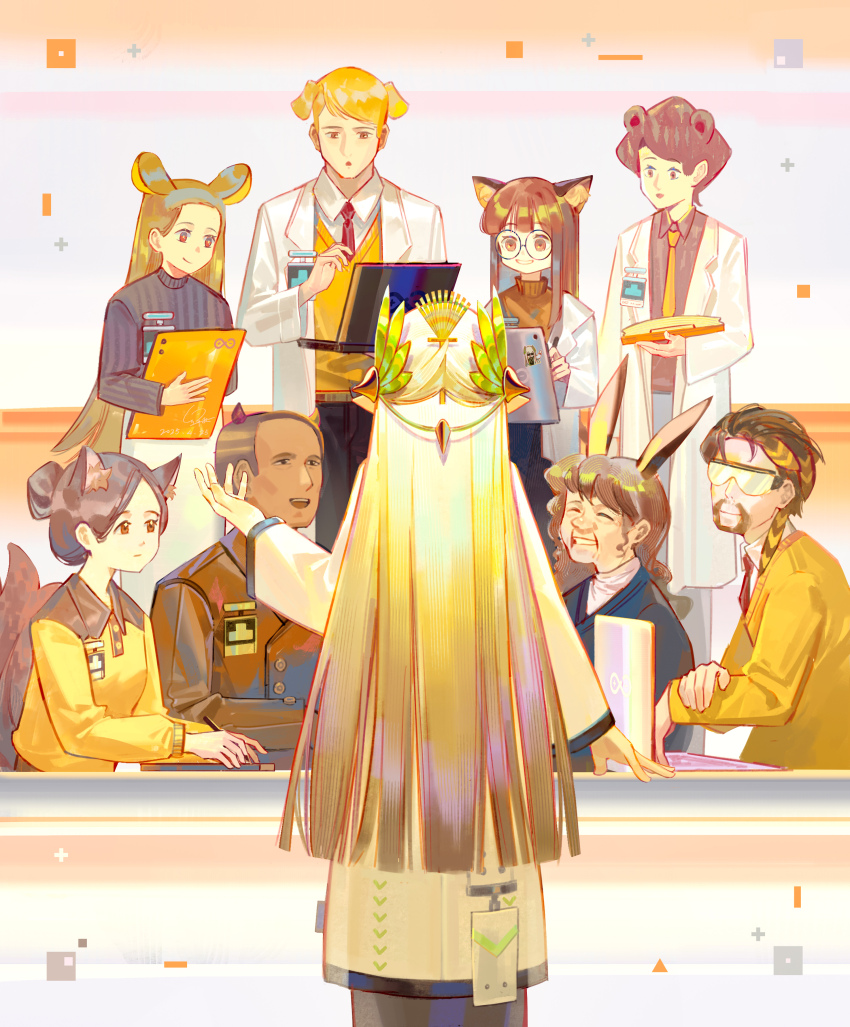 4boys 5girls absurdres animal_ears arknights blunt_ends brown_hair clipboard coat commentary computer elf glasses goggles hair_ornament highres holding holding_clipboard holding_laptop id_card lab_coat laptop laurel_crown long_hair looking_at_another lyuqiu meeting muelsyse_(arknights) multiple_boys multiple_girls pointy_ears rhine_lab_(arknights) round_eyewear very_long_hair white_coat