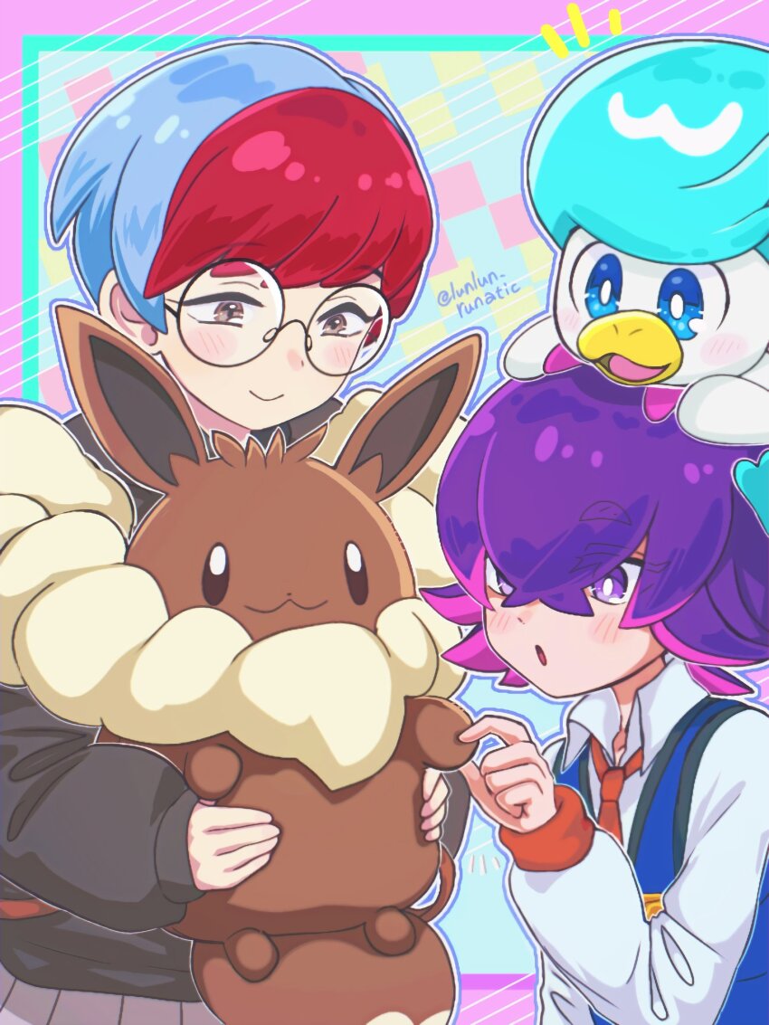 2girls backpack bag blue_hair blush closed_mouth collared_shirt dot_(pokemon) eevee gen_1_pokemon glasses grey_eyes hair_over_eyes highres hood hoodie long_sleeves multicolored_hair multiple_girls naranja_academy_(emblem) naranja_academy_school_uniform necktie nintendo open_mouth orange_necktie pantyhose penny_(pokemon) pink_hair pokemon pokemon_(anime) pokemon_(creature) pokemon_horizons purple_eyes purple_hair quaxly red_hair round_eyewear runachikku school_uniform shirt short_hair skirt smile starter_pokemon_trio two-tone_hair upper_body