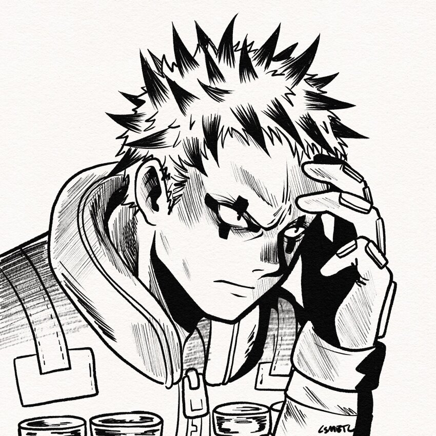 1boy closed_mouth commentary csmbtc dorohedoro english_commentary facial_mark gloves greyscale highres hood hood_down inktober looking_ahead male_focus monochrome risu_(dorohedoro) serious short_hair simple_background solo spiked_hair upper_body zipper_pull_tab