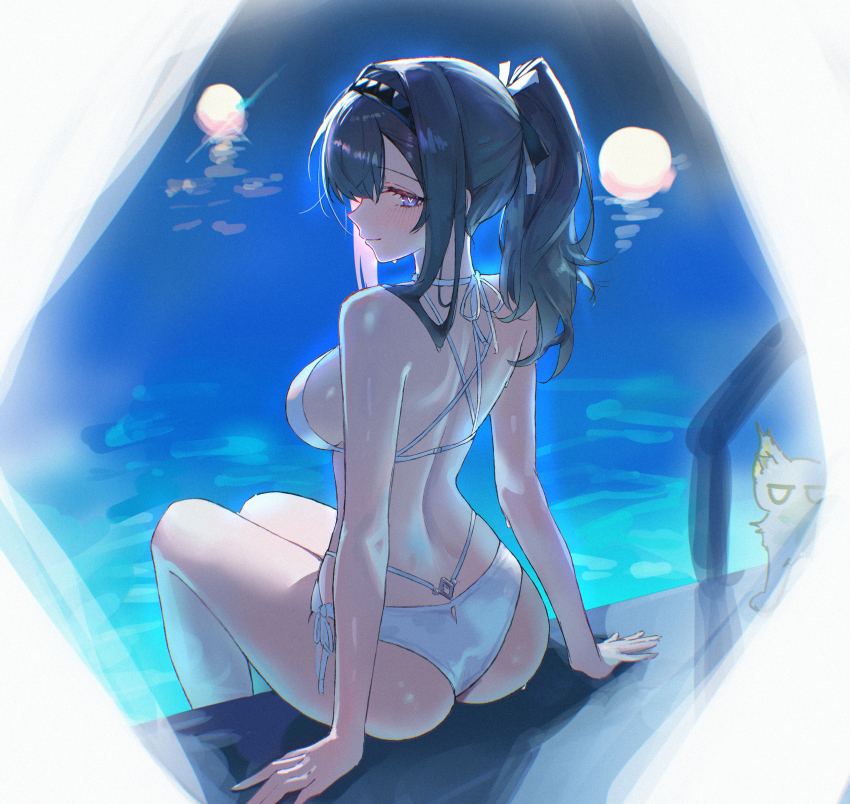 1girl absurdres arknights bikini blue_hair blush breasts cat commentary_request heart heart-shaped_pupils highres kal&#039;tsit_(arknights) large_breasts long_hair looking_at_viewer looking_back pink_eyes ponytail pool poolside priestess_(arknights) side-tie_bikini_bottom smile solo swimsuit symbol-shaped_pupils uof white_bikini white_cat