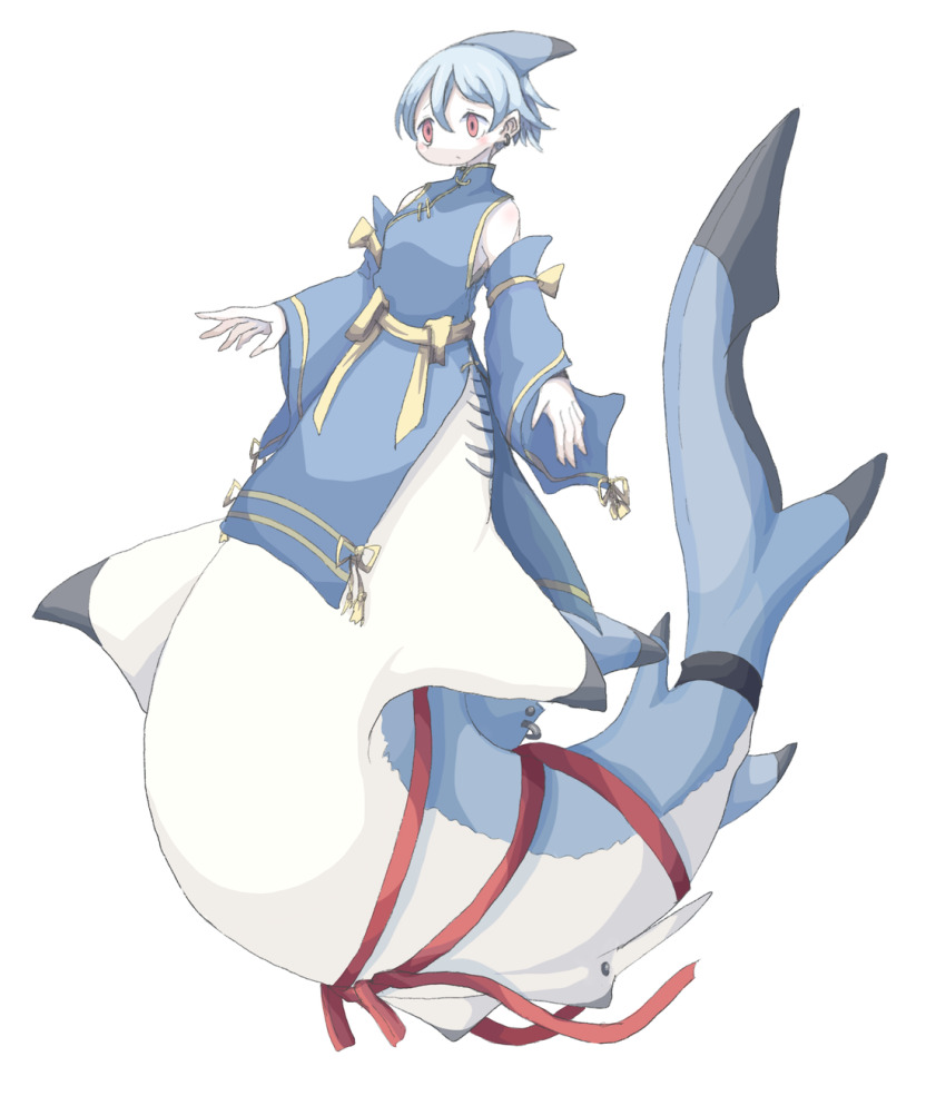 1girl 4138 bare_shoulders blue_dress blue_hair blue_sleeves bow breasts chinese_clothes closed_mouth commentary detached_sleeves dress fin_piercing fins fish_tail full_body gills hair_between_eyes head_fins highres kneeless_mermaid monster_girl original pelvic_curtain red_eyes red_ribbon ribbon ribbon_around_body shark_girl shark_tail short_hair simple_background solo tail white_background yellow_bow