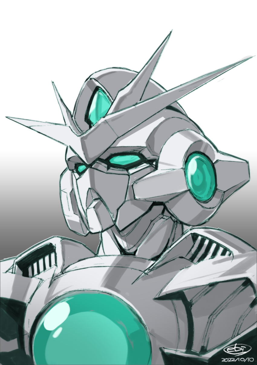 00_qan[t] absurdres anniversary close-up commentary dated ebikawa_kanetake els gradient_background green_eyes grey_background gundam gundam_00 gundam_00_a_wakening_of_the_trailblazer highres mecha no_humans official_art robot signature solo spot_color v-fin white_background