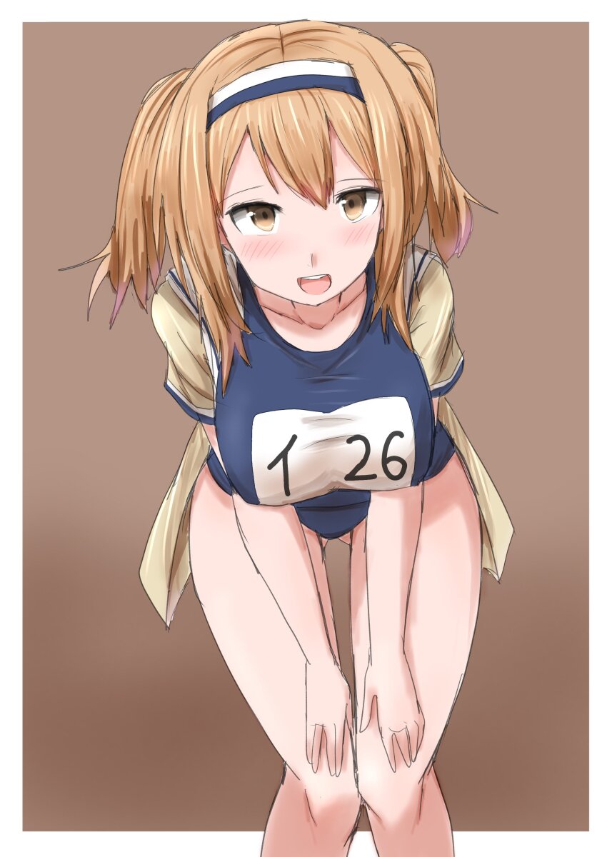 1girl absurdres blue_one-piece_swimsuit blush border breasts brown_background brown_eyes brown_hair cowboy_shot gluteal_fold hairband highres i-26_(kancolle) kamaboko_senshi kantai_collection large_breasts light_brown_hair long_hair looking_at_viewer old_school_swimsuit one-piece_swimsuit open_clothes open_mouth sailor_collar school_swimsuit short_sleeves smile solo swimsuit swimsuit_under_clothes two-tone_hairband two_side_up white_border