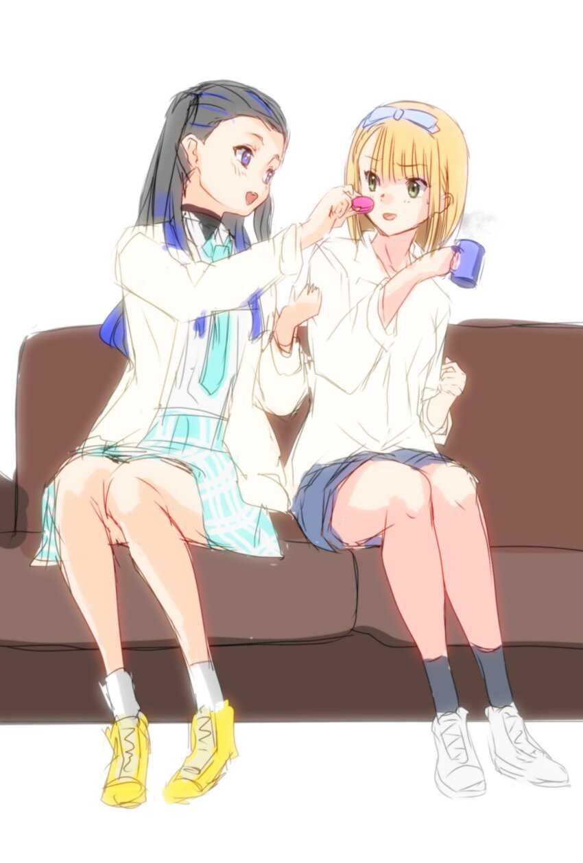 22/7 2girls black_hair black_socks blonde_hair blue_eyes blue_hair blue_necktie blue_skirt bxtbsy7q76gxh73 cup food full_body green_eyes hair_ornament hair_ribbon highres holding holding_cup long_hair macaron multicolored_hair multiple_girls necktie nishiura_sora open_mouth ribbon saito_nicole school_uniform shirt shoes short_hair sitting skirt smile sneakers socks white_background white_shirt white_shoes white_socks yellow_shoes